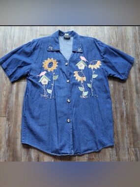 VTG Donna Womens 80s Denim Cottagecore Sunflower Birds Embroidered Button Up L